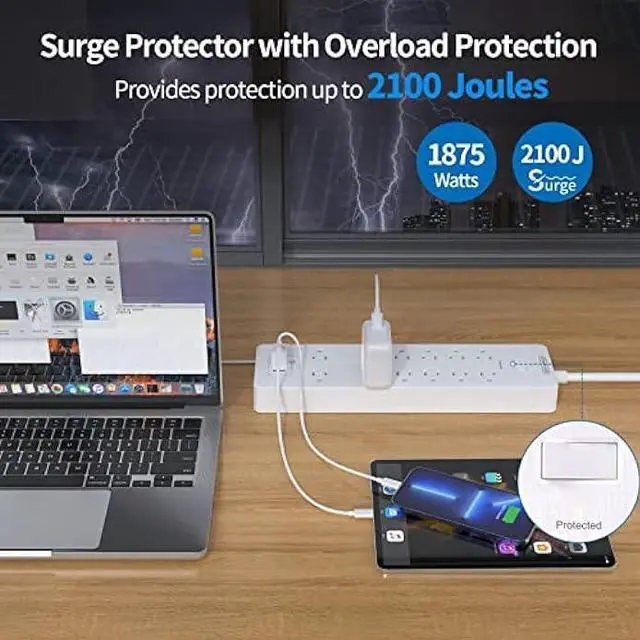 Alt view image 3 of 6 - Extension Cord 25 ft Power Strip, NTONPOWER 2100 Joules Surge Protector with 12 Outlet 3 USB Port, 1875W/15A, Overload Protection, Flat Plug, Long Cord for Workbench, Home Office Accessories, White