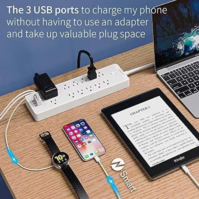 Alt view image 5 of 6 - Extension Cord 25 ft Power Strip, NTONPOWER 2100 Joules Surge Protector with 12 Outlet 3 USB Port, 1875W/15A, Overload Protection, Flat Plug, Long Cord for Workbench, Home Office Accessories, White