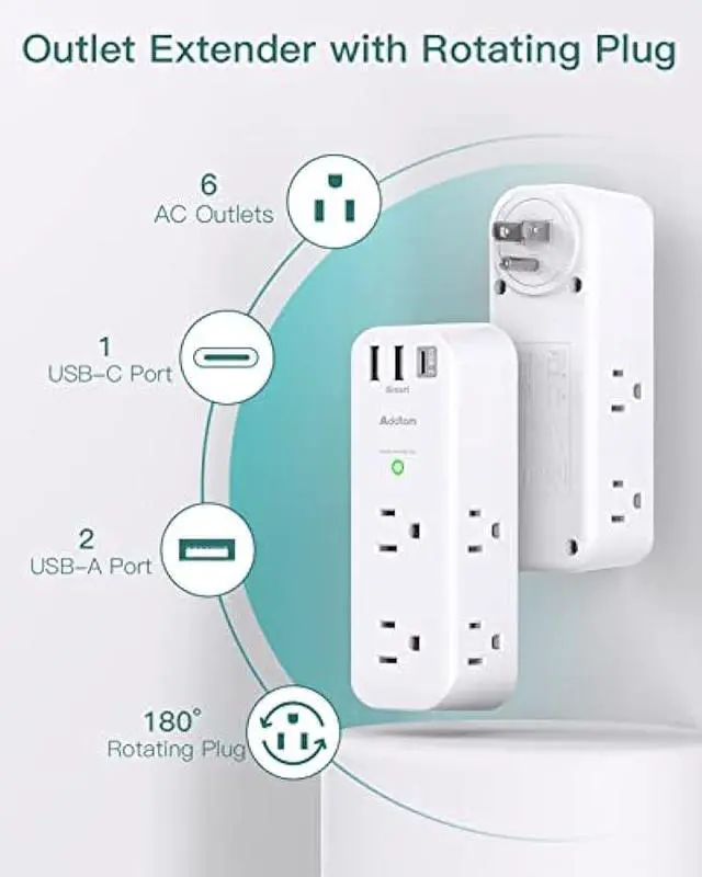 Alt view image 2 of 5 - Surge Protector - Outlet Extender with Rotating and Multi Plug with 6 AC 3 USB Ports (1 USB C), 3-Sided Power Strip with Wall Adapter Charger for Home Travel Office, ETL Listed (1800J)