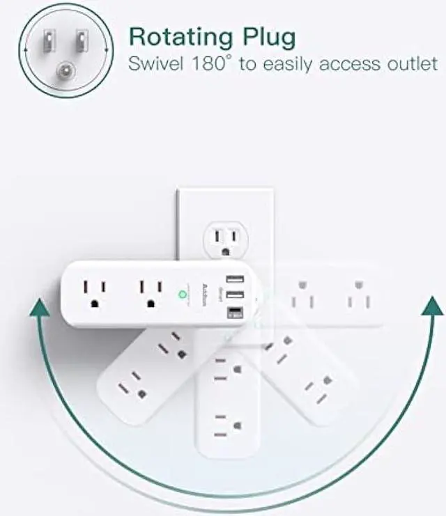 Alt view image 3 of 5 - Surge Protector - Outlet Extender with Rotating and Multi Plug with 6 AC 3 USB Ports (1 USB C), 3-Sided Power Strip with Wall Adapter Charger for Home Travel Office, ETL Listed (1800J)