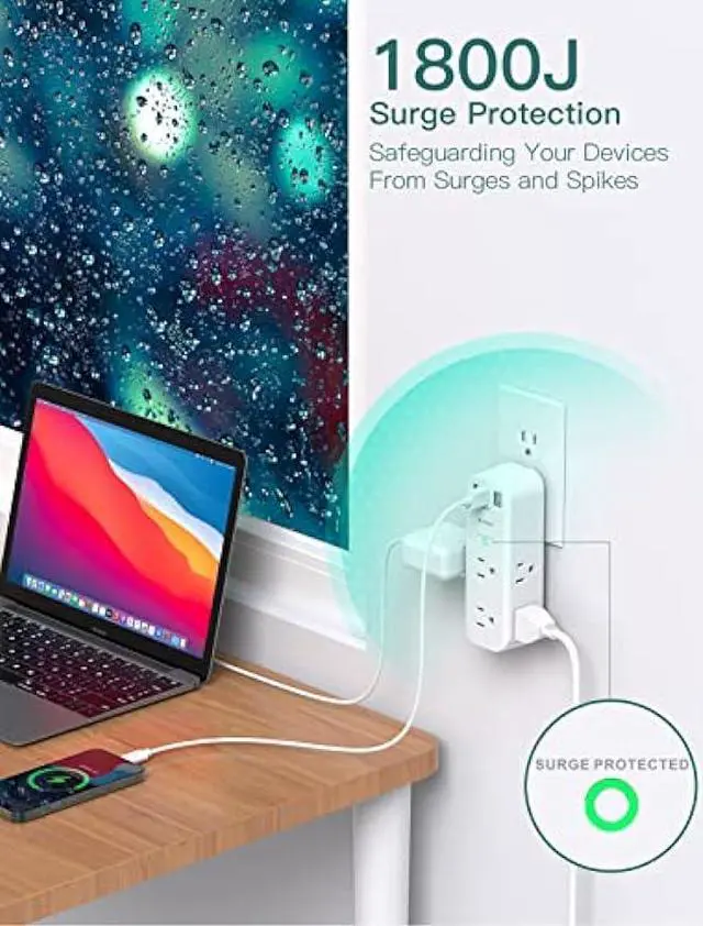 Alt view image 4 of 5 - Surge Protector - Outlet Extender with Rotating and Multi Plug with 6 AC 3 USB Ports (1 USB C), 3-Sided Power Strip with Wall Adapter Charger for Home Travel Office, ETL Listed (1800J)