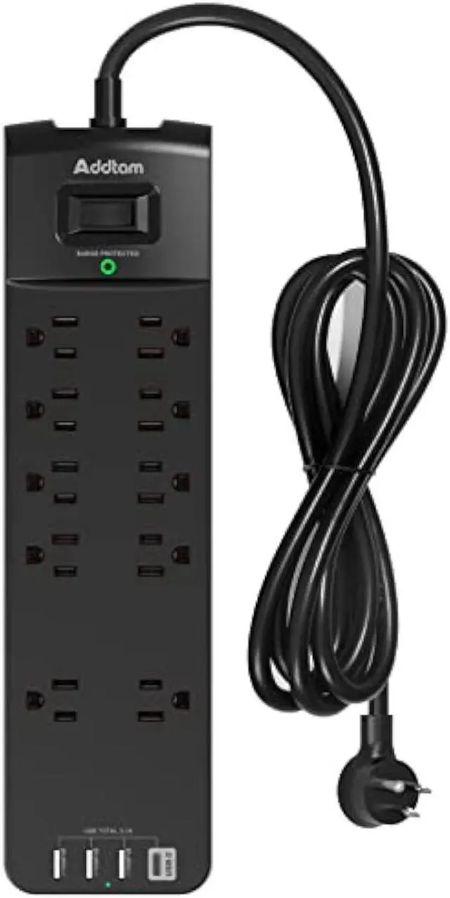 Main image of Power Strip - Addtam Surge Protector with 10 Outlets and 4 USB Ports, 6 Feet Extension Cord with Flat Plug, 2700 Joules, ETL Listed, Black