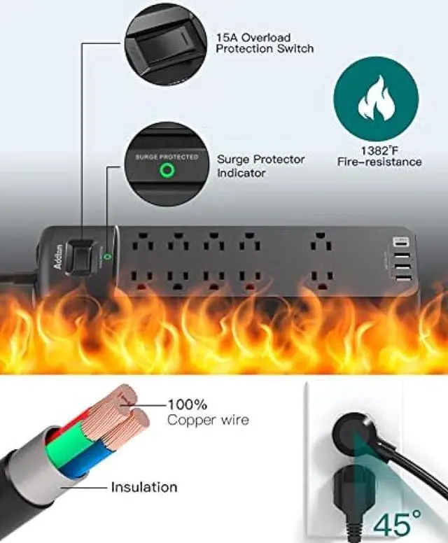 Alt view image 6 of 7 - Power Strip - Addtam Surge Protector with 10 Outlets and 4 USB Ports, 6 Feet Extension Cord with Flat Plug, 2700 Joules, ETL Listed, Black