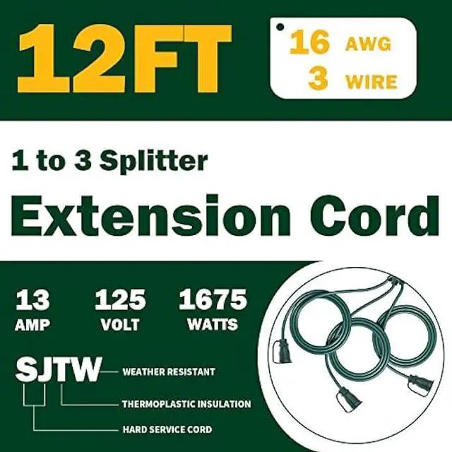 Alt view image 2 of 6 - GREATIDE Outdoor Extension Cord 1 to 3 Splitter, Max 6ft End to End (12 FT Total), 3 Prong Outlets Plugs, 16/3 SJTW Weatherproof Wire for Landscape String Lights, Green