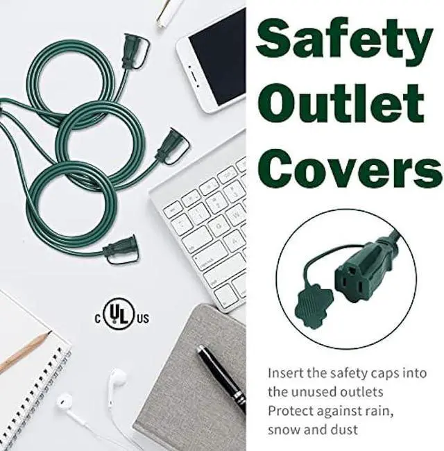Alt view image 4 of 6 - GREATIDE Outdoor Extension Cord 1 to 3 Splitter, Max 6ft End to End (12 FT Total), 3 Prong Outlets Plugs, 16/3 SJTW Weatherproof Wire for Landscape String Lights, Green