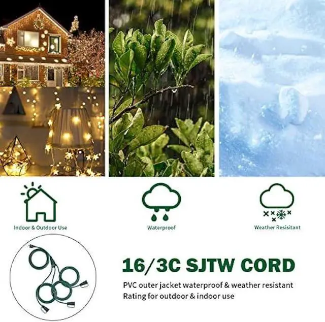 Alt view image 6 of 6 - GREATIDE Outdoor Extension Cord 1 to 3 Splitter, Max 6ft End to End (12 FT Total), 3 Prong Outlets Plugs, 16/3 SJTW Weatherproof Wire for Landscape String Lights, Green
