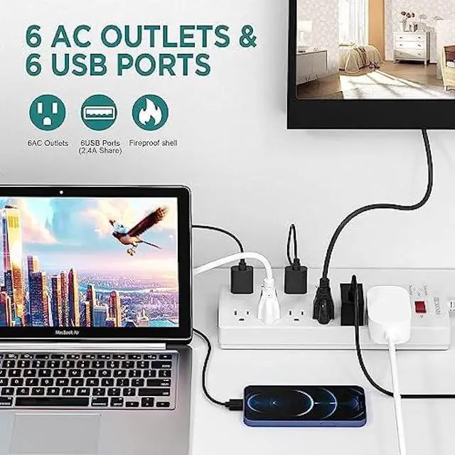 Alt view image 5 of 5 - HITRENDS Surge Protector Power Strip 6 Outlets with 6 USB Charging Ports, USB Extension Cord, 1625W/13A Multiplug for Multiple Devices Smartphone Tablet Laptop Computer (6ft, white)