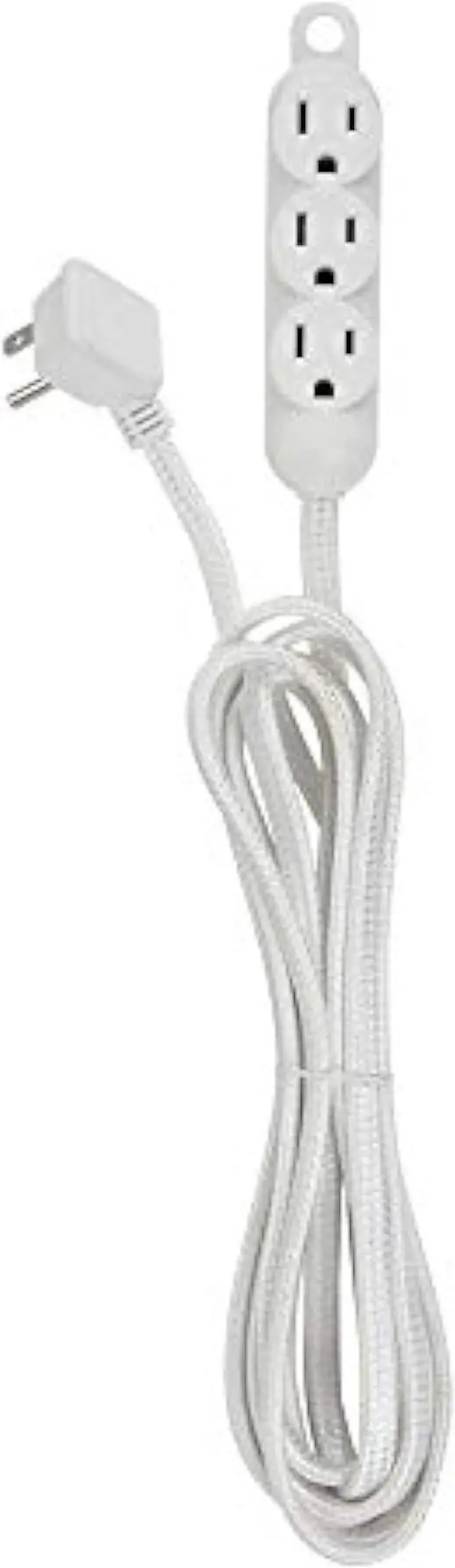 Main image of 12ft Light Duty 3-Outlet Indoor Extension Cord, Grounded Outlets, Right Angle Plug, White Hanging Hook, Designer Fabric Cord, 16/3, SPT-3, 13AMP, White