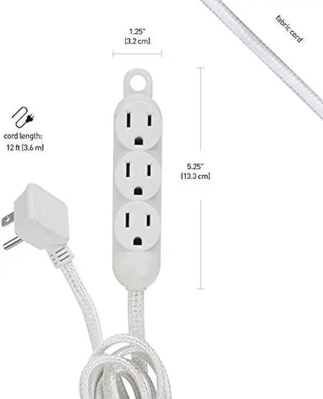 Alt view image 3 of 7 - 12ft Light Duty 3-Outlet Indoor Extension Cord, Grounded Outlets, Right Angle Plug, White Hanging Hook, Designer Fabric Cord, 16/3, SPT-3, 13AMP, White