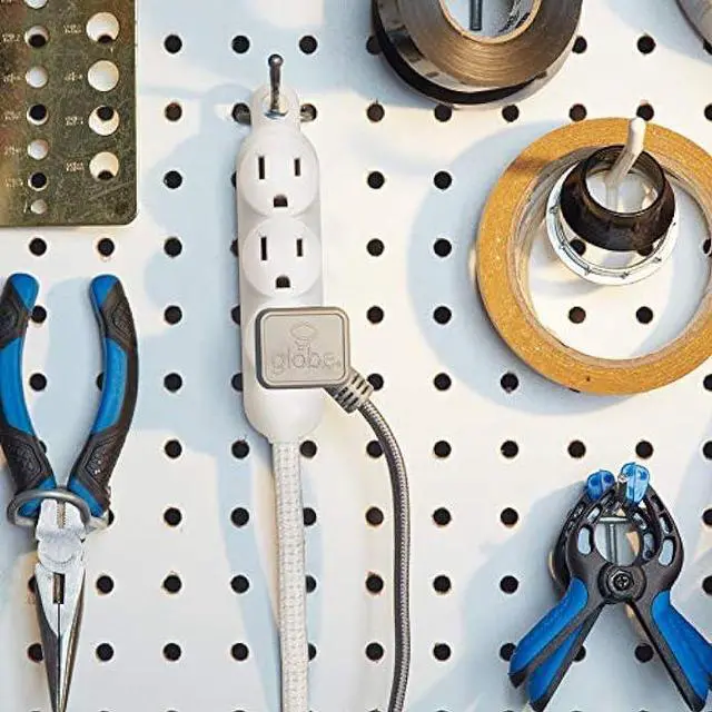 Alt view image 4 of 7 - 12ft Light Duty 3-Outlet Indoor Extension Cord, Grounded Outlets, Right Angle Plug, White Hanging Hook, Designer Fabric Cord, 16/3, SPT-3, 13AMP, White