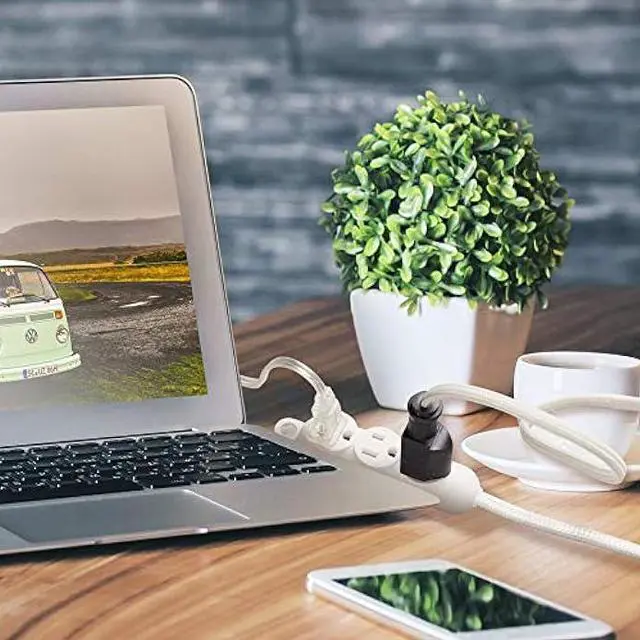 Alt view image 6 of 7 - 12ft Light Duty 3-Outlet Indoor Extension Cord, Grounded Outlets, Right Angle Plug, White Hanging Hook, Designer Fabric Cord, 16/3, SPT-3, 13AMP, White