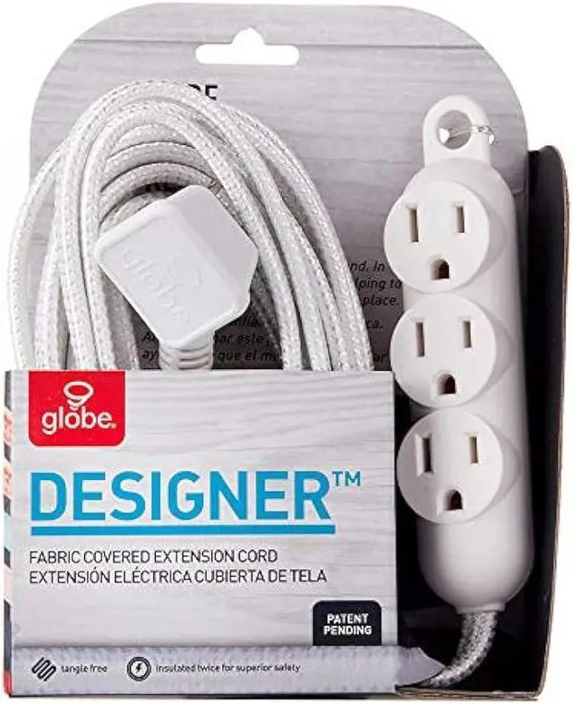 Alt view image 7 of 7 - 12ft Light Duty 3-Outlet Indoor Extension Cord, Grounded Outlets, Right Angle Plug, White Hanging Hook, Designer Fabric Cord, 16/3, SPT-3, 13AMP, White