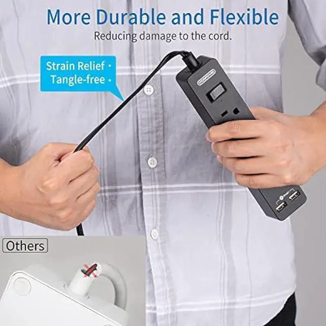 Alt view image 3 of 7 - Flat Plug Extension Cord 25 Ft, NTONPOWER Ultra Thin Flat Extension Cord Under Carpet, Rug, Door, 3 Outlets Power Strip with 2 USB Ports, Wall Mount, Overload Protection for Indoor Home Office, Black