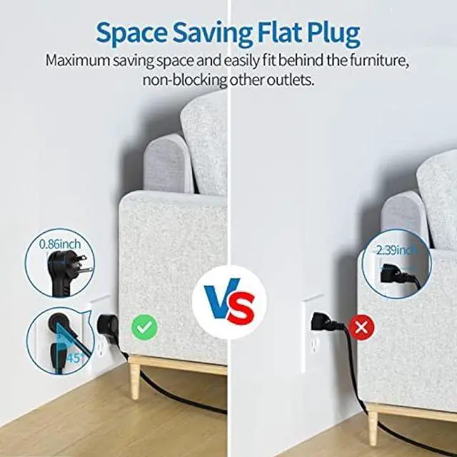 Alt view image 4 of 7 - Flat Plug Extension Cord 25 Ft, NTONPOWER Ultra Thin Flat Extension Cord Under Carpet, Rug, Door, Wall Mount Power Strip with 4 Outlets 2 USB Ports, Overload Protection for Indoor Home Office, Black