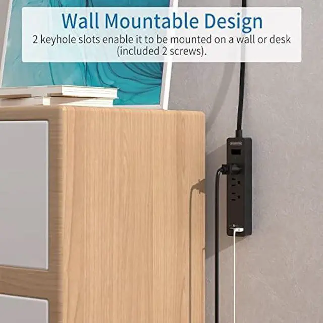 Alt view image 6 of 7 - Flat Plug Extension Cord 25 Ft, NTONPOWER Ultra Thin Flat Extension Cord Under Carpet, Rug, Door, 3 Outlets Power Strip with 2 USB Ports, Wall Mount, Overload Protection for Indoor Home Office, Black