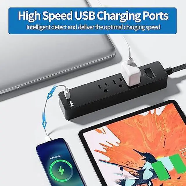 Alt view image 5 of 7 - Flat Plug Extension Cord 25 Ft, NTONPOWER Ultra Thin Flat Extension Cord Under Carpet, Rug, Door, 3 Outlets Power Strip with 2 USB Ports, Wall Mount, Overload Protection for Indoor Home Office, Black