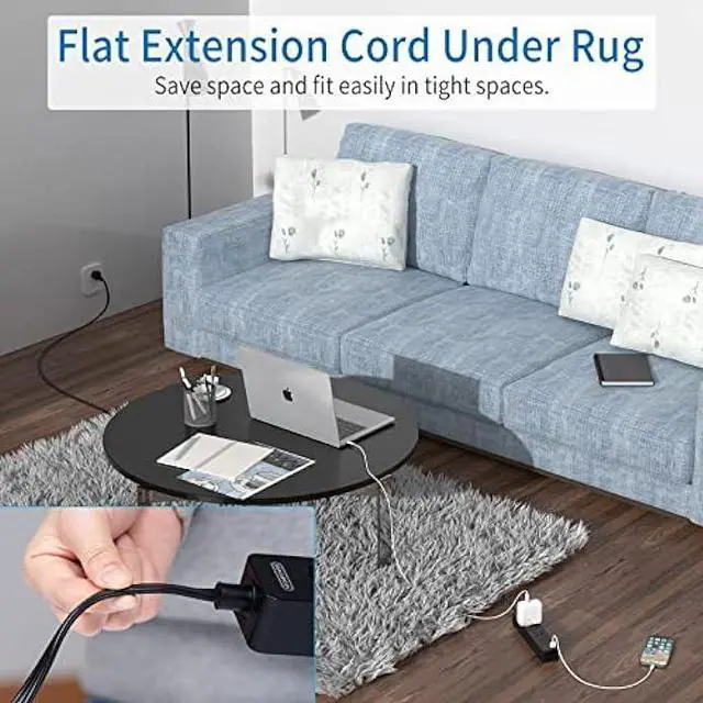 Alt view image 7 of 7 - Flat Plug Extension Cord 25 Ft, NTONPOWER Ultra Thin Flat Extension Cord Under Carpet, Rug, Door, 3 Outlets Power Strip with 2 USB Ports, Wall Mount, Overload Protection for Indoor Home Office, Black