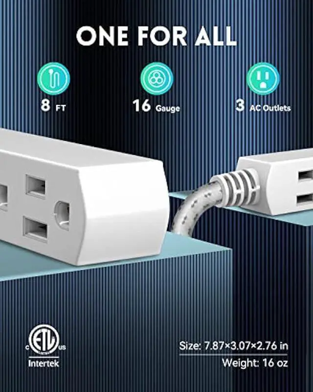 Alt view image 2 of 6 - PLUGTUL Flat Plug Extension Cord 3 Outlet, 8 FT Braided White Extension Cord, 16 Gauge 3 Prong Grounded Wire, Home and Office, ETL Listed