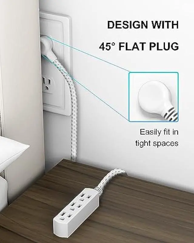 Alt view image 4 of 6 - PLUGTUL Flat Plug Extension Cord 3 Outlet, 8 FT Braided White Extension Cord, 16 Gauge 3 Prong Grounded Wire, Home and Office, ETL Listed
