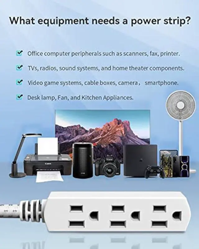 Alt view image 6 of 6 - PLUGTUL Flat Plug Extension Cord 3 Outlet, 8 FT Braided White Extension Cord, 16 Gauge 3 Prong Grounded Wire, Home and Office, ETL Listed