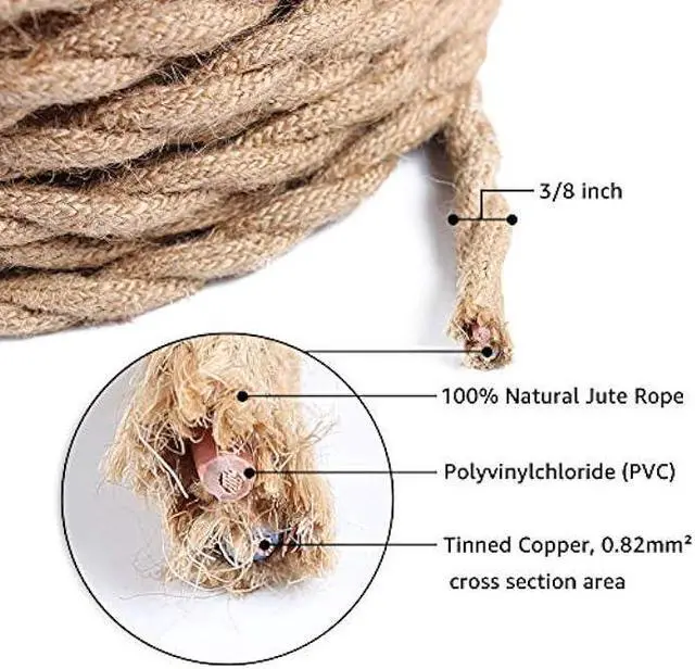 Alt view image 2 of 6 - 25ft Rope Covered Lamp Twisted Wire,PRUNLLA Vintage 18/2 Industrial Electrical Hemp Rope Cord,18-Gauge Antique Style for Retro Lamp,DIY Projects