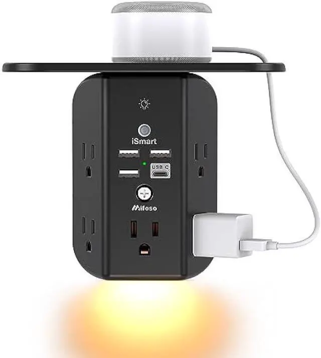 Main image of Wall Outlet Extender with Shelf and Night Light,Surge Protector,USB Wall Charger with 5 USB Outlets and 3 USB Ports 1 USB C Outlet