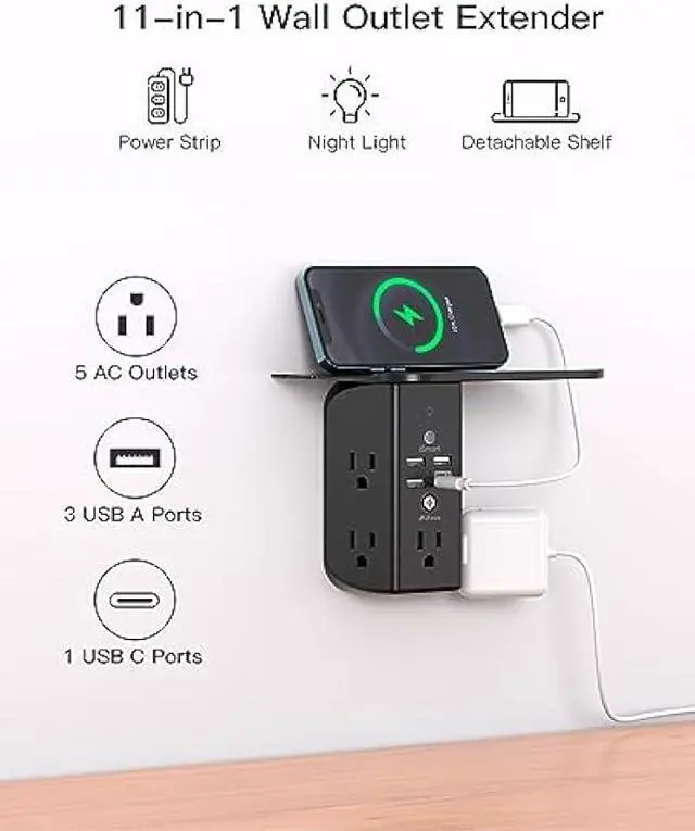Alt view image 2 of 5 - Wall Outlet Extender with Shelf and Night Light,Surge Protector,USB Wall Charger with 5 USB Outlets and 3 USB Ports 1 USB C Outlet
