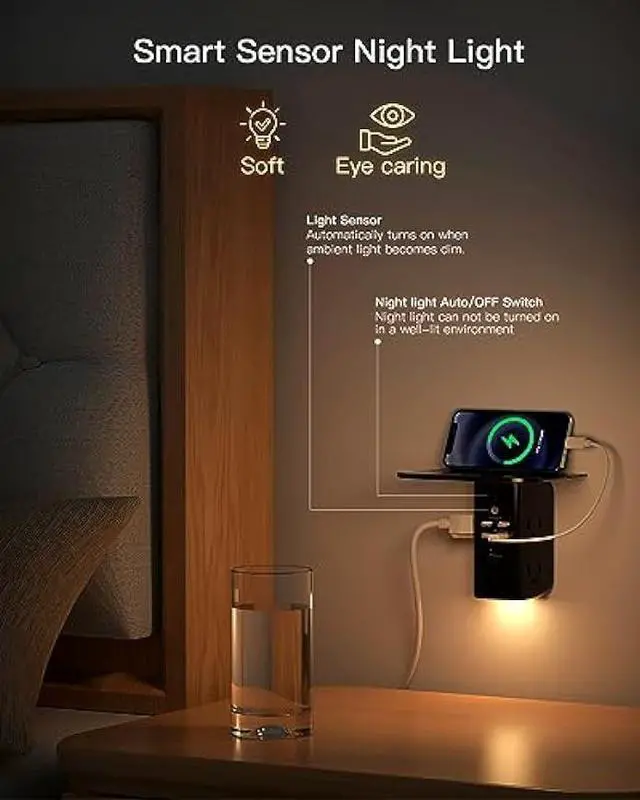 Alt view image 3 of 5 - Wall Outlet Extender with Shelf and Night Light,Surge Protector,USB Wall Charger with 5 USB Outlets and 3 USB Ports 1 USB C Outlet