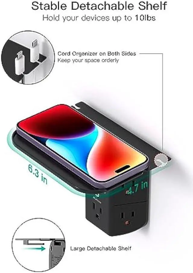 Alt view image 4 of 5 - Wall Outlet Extender with Shelf and Night Light,Surge Protector,USB Wall Charger with 5 USB Outlets and 3 USB Ports 1 USB C Outlet