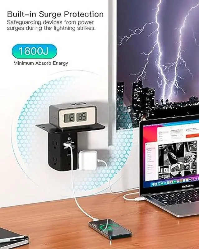 Alt view image 5 of 5 - Wall Outlet Extender with Shelf and Night Light,Surge Protector,USB Wall Charger with 5 USB Outlets and 3 USB Ports 1 USB C Outlet