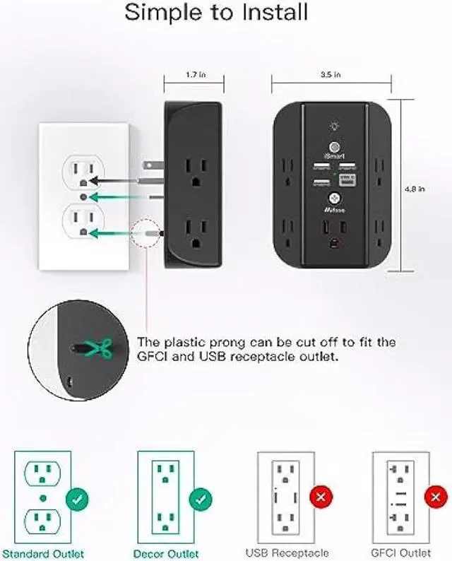 Alt view image 7 of 7 - Wall Outlet Extender with Shelf and Night Light,Surge Protector,USB Wall Charger with 5 USB Outlets and 3 USB Ports 1 USB C Outlet