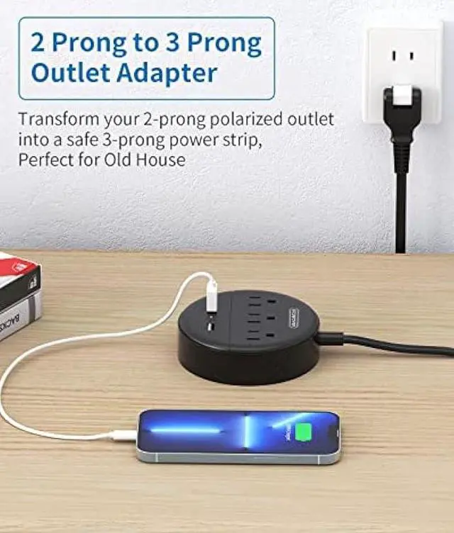 Alt view image 2 of 6 - 2 Prong Power Strip, NTONPOWER 2 Prong to 3 Prong Outlet Adapter, 10 ft Extension Cord with Rotatable Plug, Wall Mountable, 3 AC Outlets & 2 USB, Ideal for Travel Home Office Desktop, Black