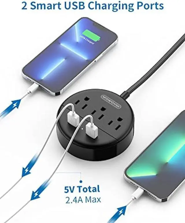 Alt view image 3 of 6 - 2 Prong Power Strip, NTONPOWER 2 Prong to 3 Prong Outlet Adapter, 10 ft Extension Cord with Rotatable Plug, Wall Mountable, 3 AC Outlets & 2 USB, Ideal for Travel Home Office Desktop, Black