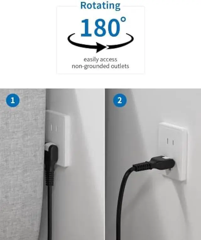 Alt view image 4 of 6 - 2 Prong Power Strip, NTONPOWER 2 Prong to 3 Prong Outlet Adapter, 10 ft Extension Cord with Rotatable Plug, Wall Mountable, 3 AC Outlets & 2 USB, Ideal for Travel Home Office Desktop, Black
