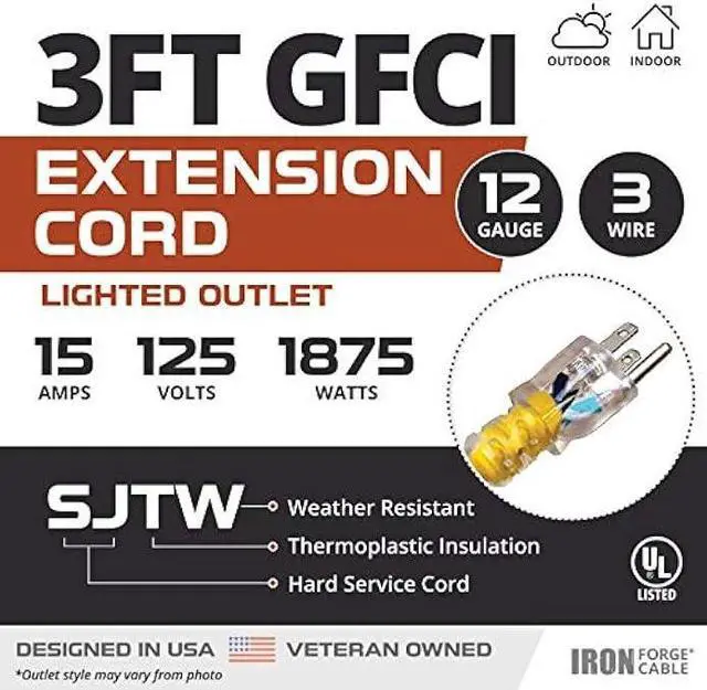 Alt view image 2 of 5 - IRON FORGE CABLE 3 Foot Lighted Outdoor GFCI Extension Cord - 12/3 SJTW Heavy Duty Yellow Pigtail Extension Cable with 3 Prong Grounded Plug for Safety, 15 AMP