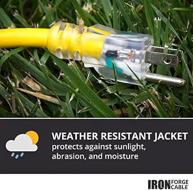 Alt view image 4 of 7 - IRON FORGE CABLE 3 Foot Lighted Outdoor GFCI Extension Cord - 12/3 SJTW Heavy Duty Yellow Pigtail Extension Cable with 3 Prong Grounded Plug for Safety, 15 AMP