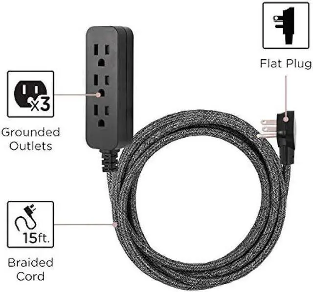 Alt view image 2 of 7 - Cordinate, Black Designer 3-Outlet Extension, Braided Décor Fabric Cord, 15 ft, Low-Profile Plug, Dark Heather, 50012