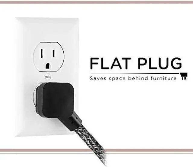 Alt view image 4 of 7 - Cordinate, Black Designer 3-Outlet Extension, Braided Décor Fabric Cord, 15 ft, Low-Profile Plug, Dark Heather, 50012
