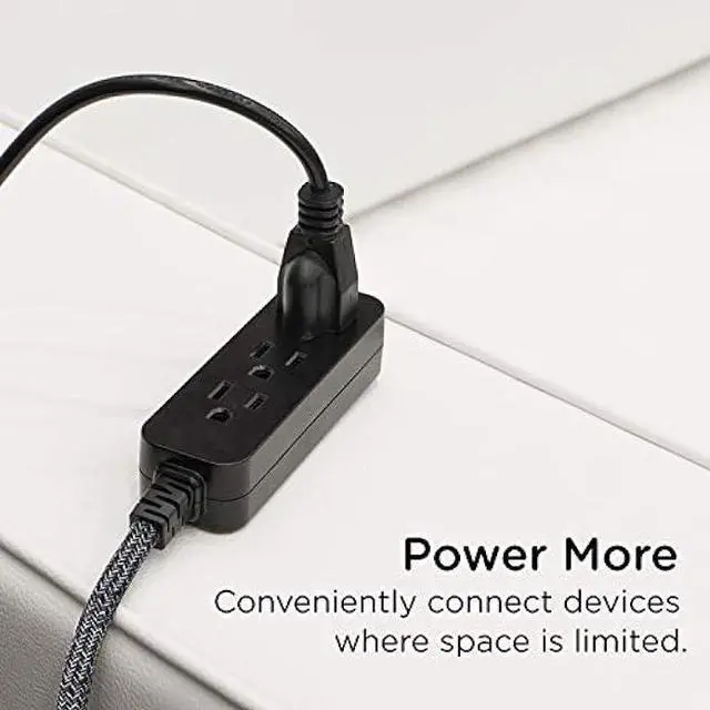 Alt view image 6 of 7 - Cordinate, Black Designer 3-Outlet Extension, Braided Décor Fabric Cord, 15 ft, Low-Profile Plug, Dark Heather, 50012