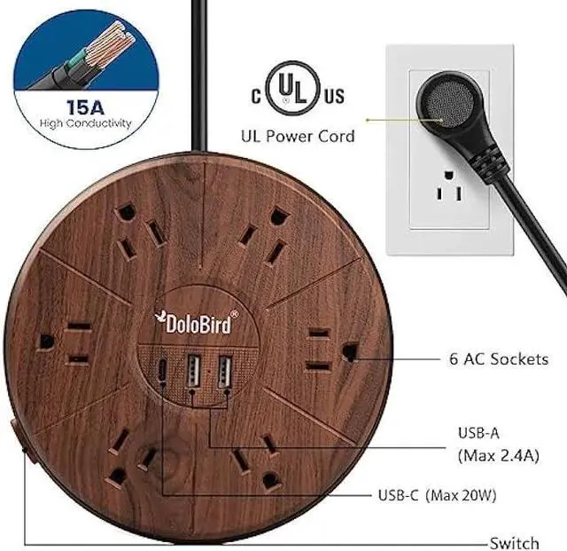 Alt view image 2 of 7 - Power Strip Surge Protector 6 AC outlets with USB and USB-C PD 20W Fast Charging 15A 1875W high Power Output Widely Spaced Multi outlets Circuit Breaker Safeguard for Home,Office, Dorm Room