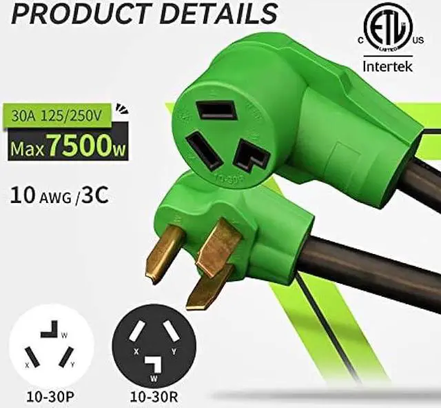 Alt view image 2 of 6 - RVMATE 3 Prong Dryer/EV Extension Cord 10 Feet, 30 Amp NEMA 10-30P to 10-30R 125V/250V Waterproof PVC Jacket, Perfect for Dryer Power Extension and Level 2 EV Charging, ETL Listed