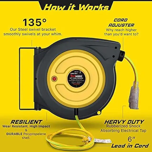 Alt view image 3 of 5 - ReelWorks Extension Cord Reel Retractable 12AWG x 50' Foot 3C/SJTOW Glow Strip Cable and Lightup Triple Tap Connector Advanced Slow Retraction Technology (SRT)