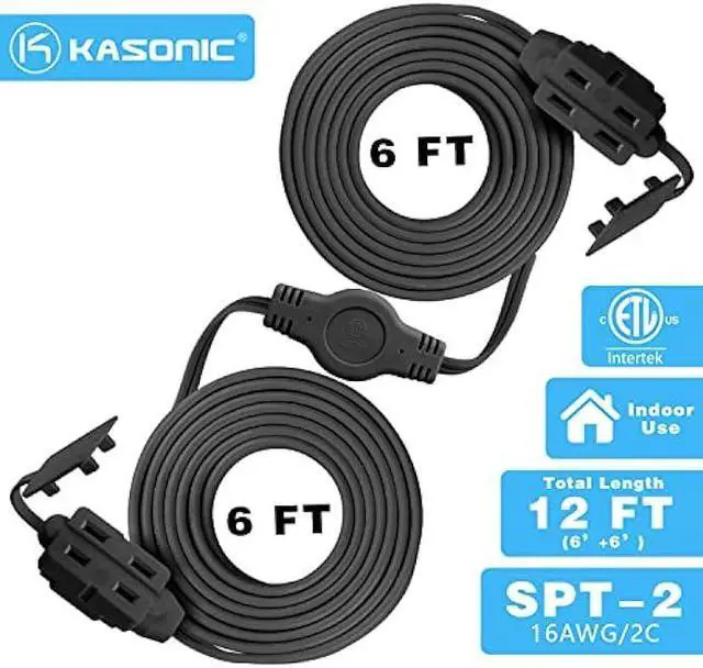 Alt view image 2 of 7 - Kasonic 12 Feet Twin Extension Cord Power Strip, 6 Feet on Each Side, Flat Head Outlet Plug,6 Polarized Outlets with Safety Cover, Double Extension Cord Splitter for Indoor Use, ETL Listed, Black