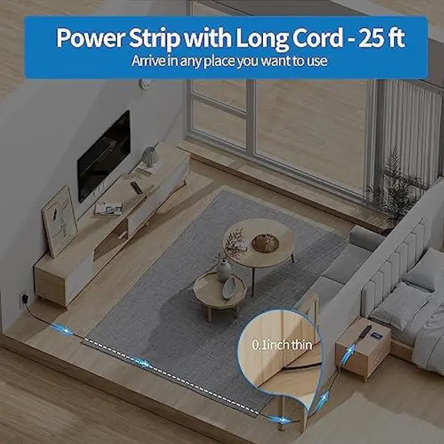 Alt view image 2 of 7 - Flat Plug Extension Cord 25 Ft, NTONPOWER Ultra Thin Flat Extension Cord Under Carpet, Rug, Door, Wall Mount Power Strip with 4 Outlets 2 USB Ports, Overload Protection for Indoor Home Office, Black