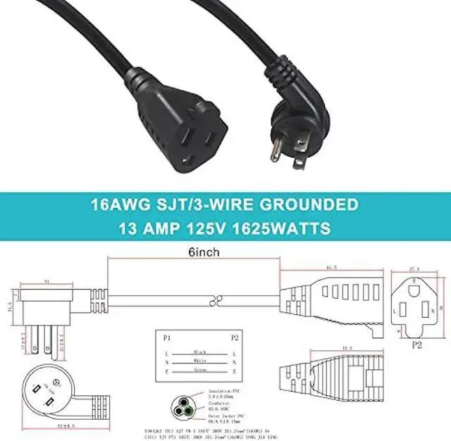 Alt view image 2 of 7 - [5 Pack] Flat Plug Short Power Extension Cord - 6inch Black Low Profile Flat Head 3 Prong Grounded Indoor Extension Cord,16AWG 13amp Household Appliance Electrical Extension Cord with Flat Wall Plug
