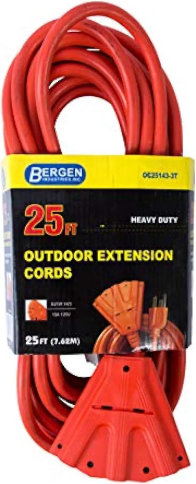 Alt view image 2 of 3 - Bergen Industries Inc OC251433T Heavy-Duty Outdoor Triple Tap Extension Cord, 25 ft, 14 AWG, 15A/125V AC, Orange