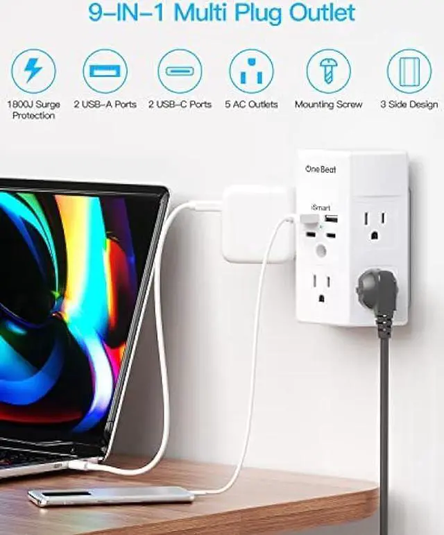 Alt view image 2 of 7 - Multi Plug Outlet, Surge Protector, 5 Outlet Extender with 4 USB Charging Ports (2 USB C), USB Wall Charger, 3-Sided 1800J Power Strip Outlets Splitter Wall Plug Adapter Spaced for Home Office Dorm