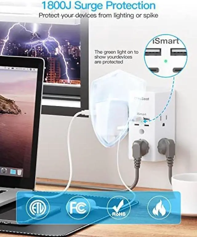 Alt view image 5 of 7 - Multi Plug Outlet, Surge Protector, 5 Outlet Extender with 4 USB Charging Ports (2 USB C), USB Wall Charger, 3-Sided 1800J Power Strip Outlets Splitter Wall Plug Adapter Spaced for Home Office Dorm