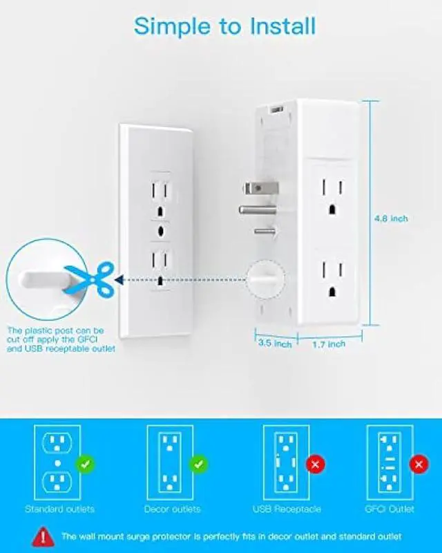 Alt view image 6 of 7 - Multi Plug Outlet, Surge Protector, 5 Outlet Extender with 4 USB Charging Ports (2 USB C), USB Wall Charger, 3-Sided 1800J Power Strip Outlets Splitter Wall Plug Adapter Spaced for Home Office Dorm