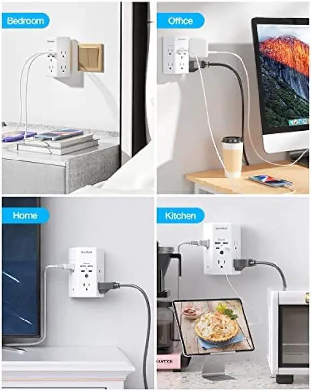 Alt view image 7 of 7 - Multi Plug Outlet, Surge Protector, 5 Outlet Extender with 4 USB Charging Ports (2 USB C), USB Wall Charger, 3-Sided 1800J Power Strip Outlets Splitter Wall Plug Adapter Spaced for Home Office Dorm